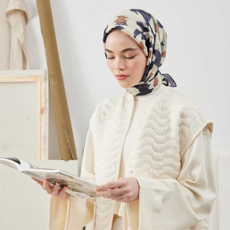 Fresh Scarfs - Multi Flower Desen Pamuk İpek Eşarp - Lacivert
