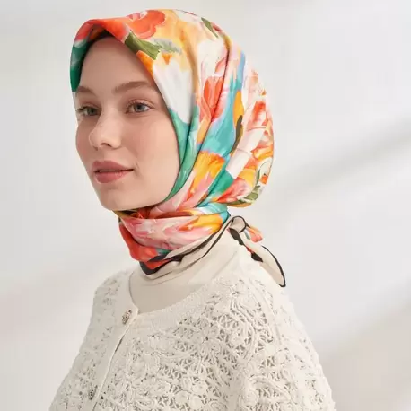 ARMANDA - 4359 Abstract Bloom Desen Twill İpek Eşarp - Pembe