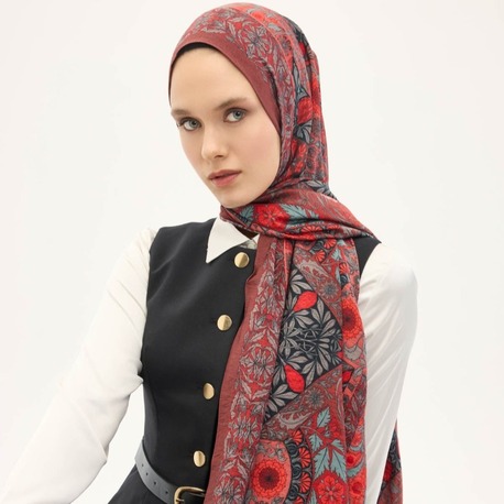 SİLK HOME - Urban Hours Floral Motif Desen Bordo Mayda Şal 190x70