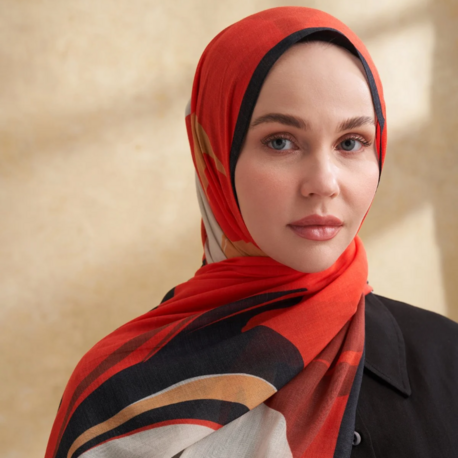 ARMANDA- 3383 İpek Pamuk Sarah Desen Şal - Siyah Kırmızı