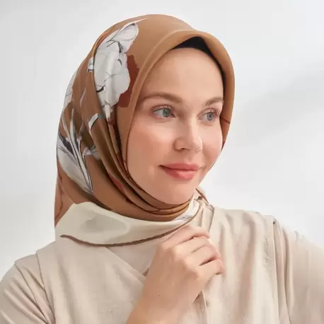 ARMANDA - 4333 Plumeria Desen Twill İpek Eşarp - Kahve
