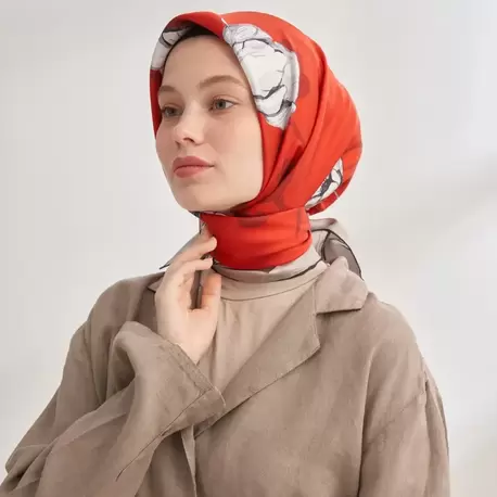 ARMANDA - 4333 Plumeria Desen Twill İpek Eşarp - Kırmızı