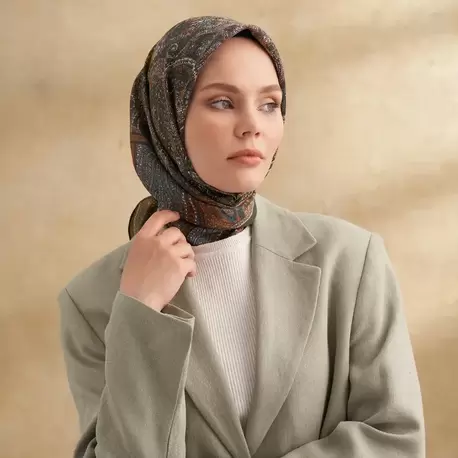 ARMANDA - 3155 Vintage Desen Eşarp - Haki