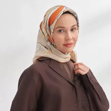 ARMANDA - 4356 Ivory Desen Twill İpek Eşarp - Bej Orange