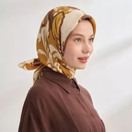 ARMANDA - 4351 Dahlia Desen Twill İpek Eşarp - Yağ Yeşili