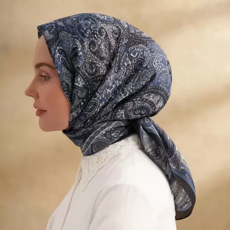 ARMANDA - 3155 Vintage Desen Eşarp - Siyah İndigo