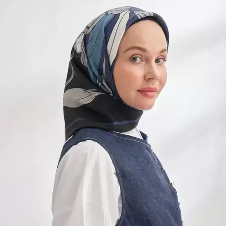 ARMANDA - 4356 Ivory Desen Twill İpek Eşarp - Siyah Lacivert