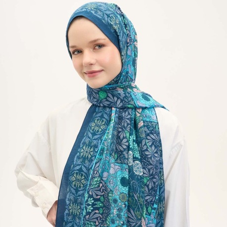 SİLK HOME - Urban Hours Floral Motif Desen Petrol Mavi Mayda Şal 190x70