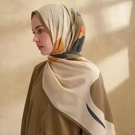 ARMANDA- 3383 İpek Pamuk Sarah Desen Şal - Bej Haki