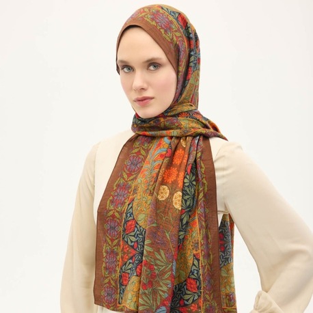 SİLK HOME - Urban Hours Floral Motif Desen Kahverengi Mayda Şal 190x70