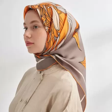 ARMANDA - 4356 Ivory Desen Twill İpek Eşarp - Vizon Orange