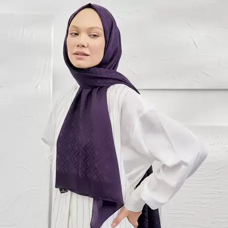 ARMANDA - İtalyan Jakar Geometrik Desen Şal - Mürdüm