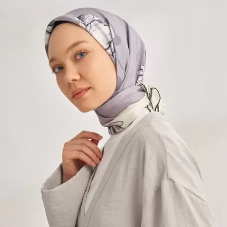 ARMANDA - 4333 Plumeria Desen Twill İpek Eşarp - Gri