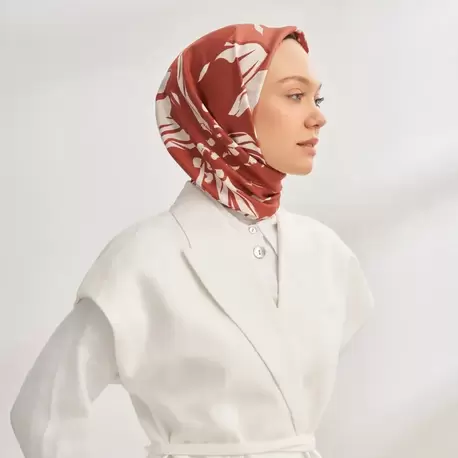 ARMANDA - 4351 Dahlia Desen Twill İpek Eşarp - Bordo