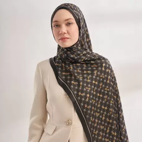 ARMANDA - 3361 Monogram Desen Şal - Siyah - Krem