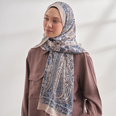 ARMANDA - 6035 Pashmina Desen Şal - Krem Mavi