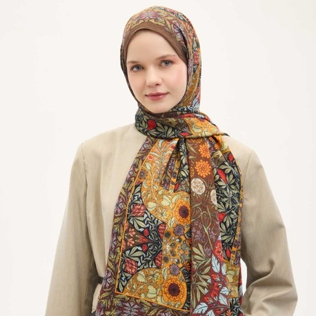 SİLK HOME - Urban Hours Floral Motif Desen Koyu Acı Kahve Mayda Şal 190x70