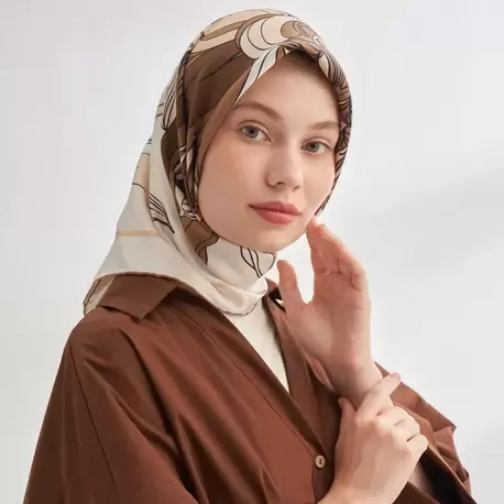 ARMANDA - 4356 Ivory Desen Twill İpek Eşarp - Kahve