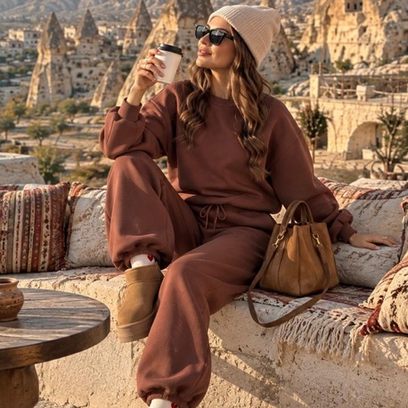 Kahverengi Oversize Sweatshirt & Bol Paça Eşofman Takımı