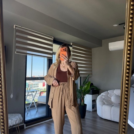 Gömlek Pantolon Takım Tensel Kumaş Pamuklu Camel Renk