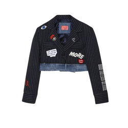 Denim detaylı Nakışlı crop blazer ceket lacivert 