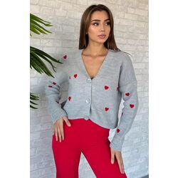 3 Düğmeli Kalp Nakışlı Selanik Örgü Triko Hırka