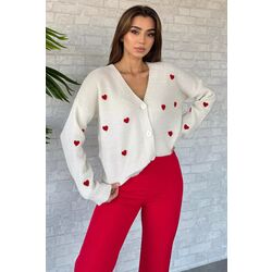 3 Düğmeli Kalp Nakışlı Selanik Örgü Triko Hırka