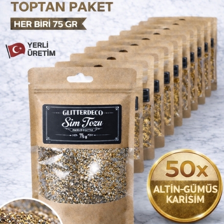 Toz Sim 75gr x 50 Adet Toptan Paket Altın Gümüş Karışım iri Tane Hobi Epoksi Duvar Boya 