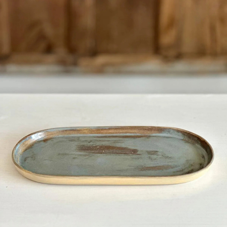 Efektli Mavi Dik Kenar Oval Tabak 29 cm