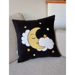Sleeping Moon Kadife Punch Kırlent Kılıfı - Siyah