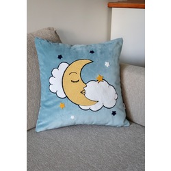 Sleeping Moon Kadife Punch Kırlent Kılıfı - Bebe Mavi
