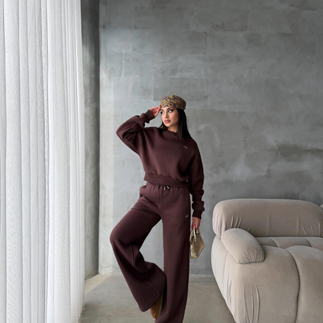 Alo Yoga Kısa Sweatshirt ve Geniş Kesim Eşofman Takımı Kahve