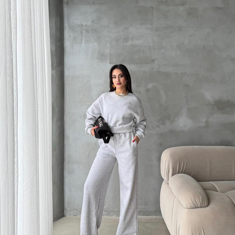 Alo Yoga Kısa Sweatshirt ve Geniş Kesim Eşofman Takımı Gri