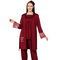 Nakış İşlemeli Sabahlıklı Lohusa Pijama Takım