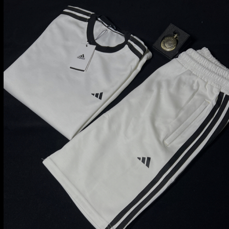 Adidas Beyaz Şort & Tişört Takım / 3 Çizgili Rahat Kalıp