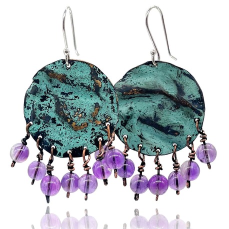 Selira Ametist Taşlı Yeşil Patina Bronz Küpe