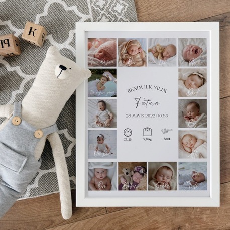 Bebeğin İlk Yılı Fotoğraf Kolajı | Doğum Detaylı Büyüme Panosu | 1 Yaş Hediyesi