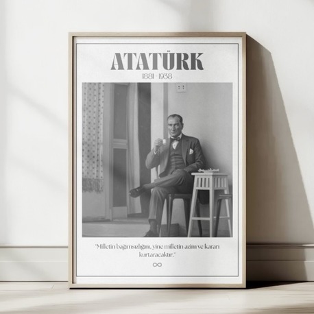 Atatürk Kahve İçerken Siyah Beyaz Tablo | "Milletin Azmi" Sözlü Nostaljik Poster