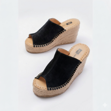 Siyah Süet Hakiki Deri Dolgu Topuk Espadril Sandalet