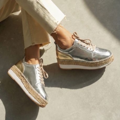 Gümüş & Bej Deri Detaylı Hakiki Deri Sneaker Espadril