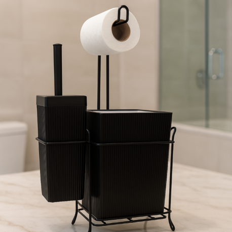 Siyah Demir Standlı Tuvalet Fırçalığı ve Çöp Kovası Seti – Modern Banyo Aksesuarı