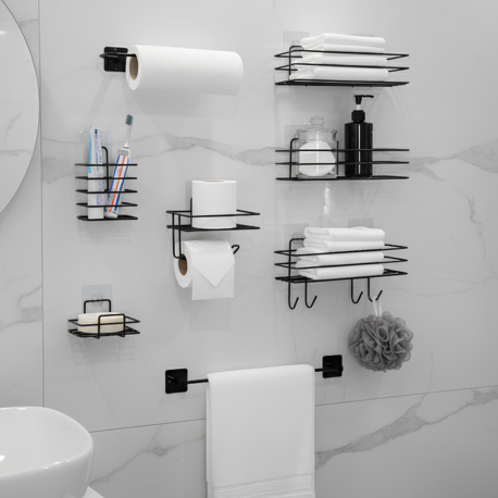 Yapışkanlı Siyah Metal Banyo ve Mutfak Organizer Raf Seti | Delmesiz Duvar Askılığı