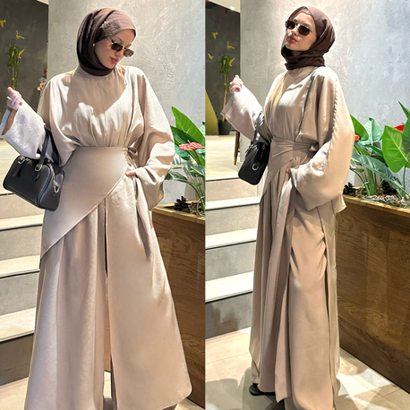3 lü Yırtmaçlı Tunik Pantolon Bel/Omuz Şallı Vizon