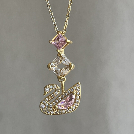 çelik swarovski kuğu model gold kolye