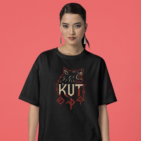 Regular Fit Siyah Unisex Tişört – KUT Yazılı Kurt Tasarımı | Göktürk 
