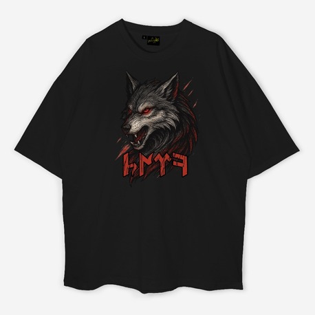 Regular Fit Siyah Unisex Tişört – Göktürkçe TÜRK Yazılı Kurt Tasarımı 