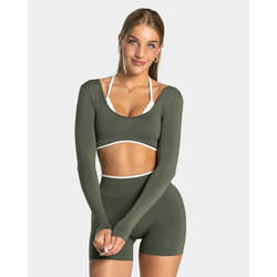 Teveo Zeytin Yeşili Uzun Kollu Crop Top - Beyaz Biyeli Seamless Tasarım