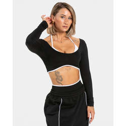 Teveo Siyah Kontrast Şeritli Uzun Kollu Crop Top - Sportif Şıklık
