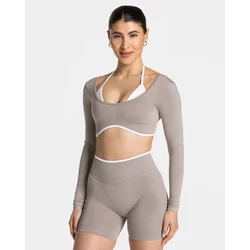 Teveo Grej Kontrast Şeritli Dikişsiz Uzun Kollu Crop Top