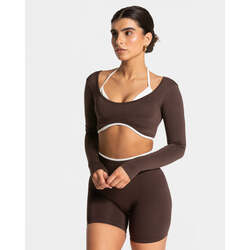 Teveo Kahverengi Uzun Kollu Seamless Crop - Kontrast Biyeli Stil